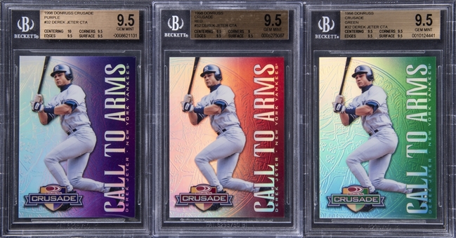 1998 Donruss Crusade #32 Derek Jeter Parallel Cards Trio (3 Different) – Including Red (/25), Purple (/100) and Green (/250) – All Graded BGS GEM MINT 9.5
